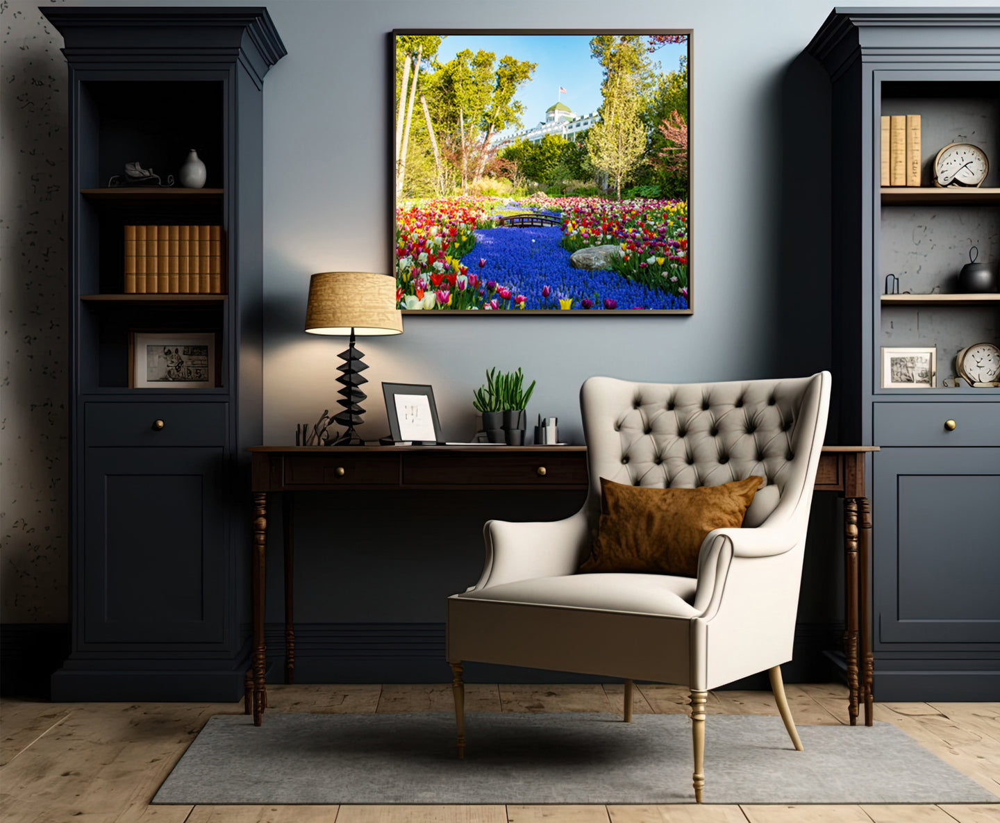 Decorate your home with Mackinac Island wall art. This Mackinac Island photograph by Jennifer Wohletz features a river of grape hyacinths and brightly colored tulips is a cheerful feast for your senses in Grand Hotel's Secret Garden.
