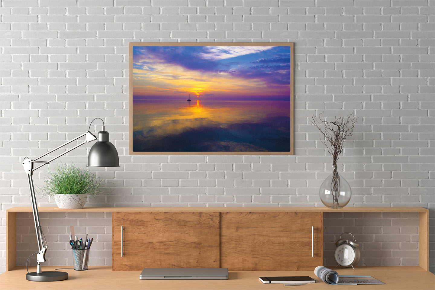 Lakeside living contemporary art titled, "Straits Sunrise." A photograph by Jennifer Wohletz of Mackinac Memories.