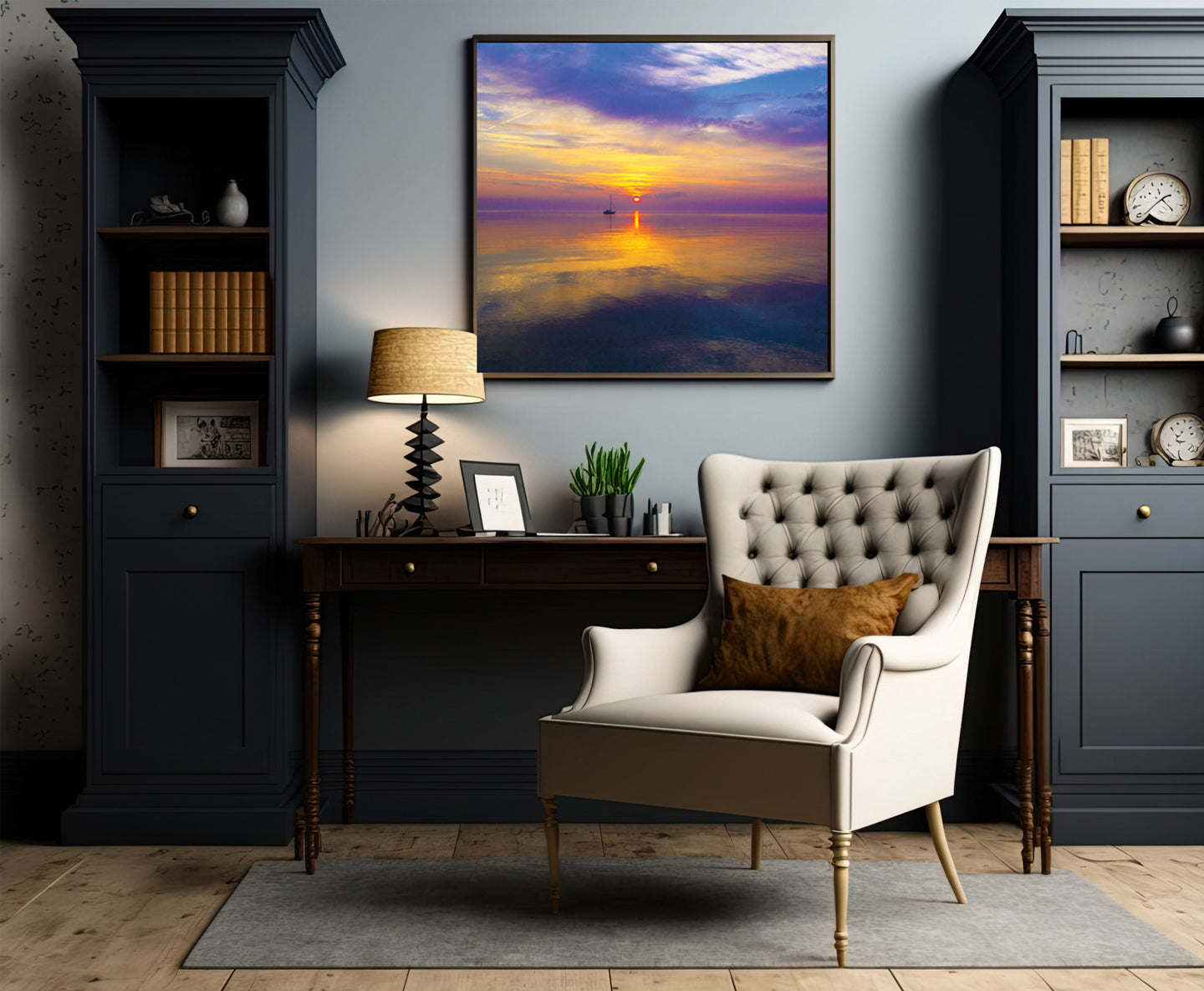 Lakeside living contemporary art titled, "Straits Sunrise." A photograph by Jennifer Wohletz of Mackinac Memories.