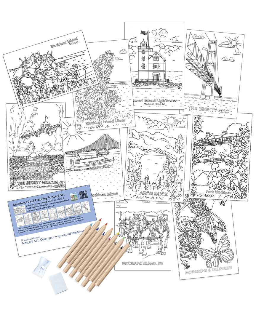 Mackinac Island postcards featuring line drawings that are perfect for coloring.