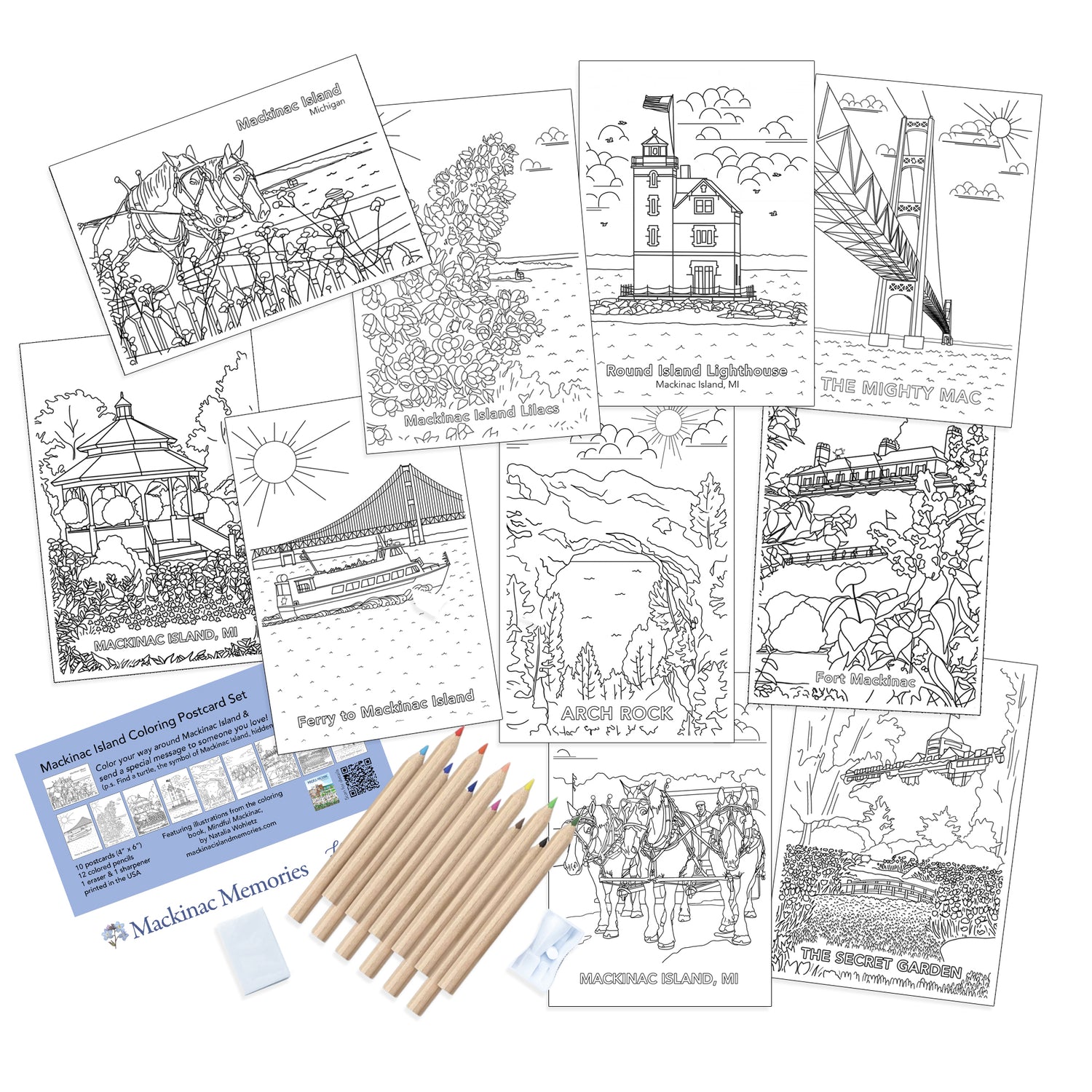 Mackinac Island Coloring Postcard Set