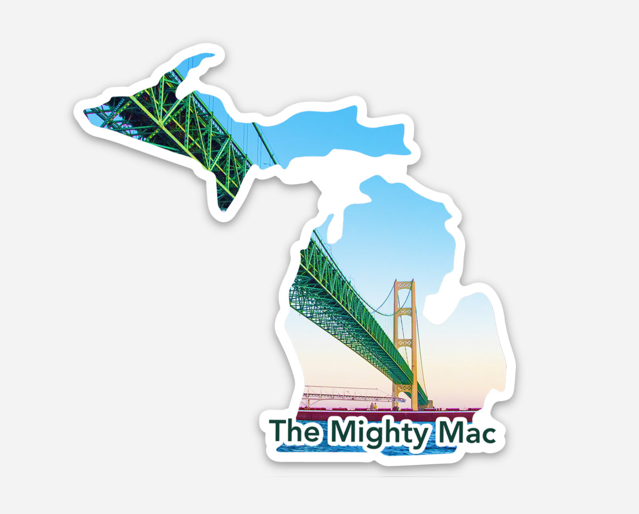 This design features an image of the Mackinac Bridge framed inside the shape of Michigan. The Mighty Mac spans the Great Lakes connecting Michigan's upper and lower peninsulas.