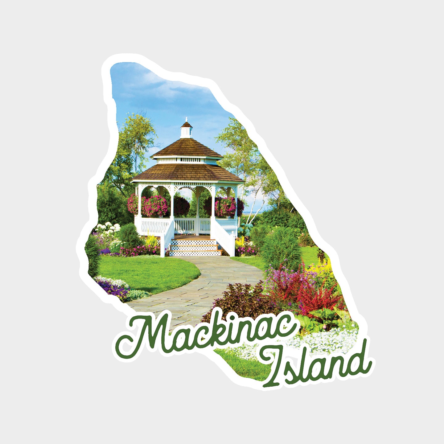 This sticker features an image of a beautiful gazebo inside the shape of Mackinac Island. Mission Point Resort's gazebo sets the stage for Mackinac Island weddings and other special occasions.