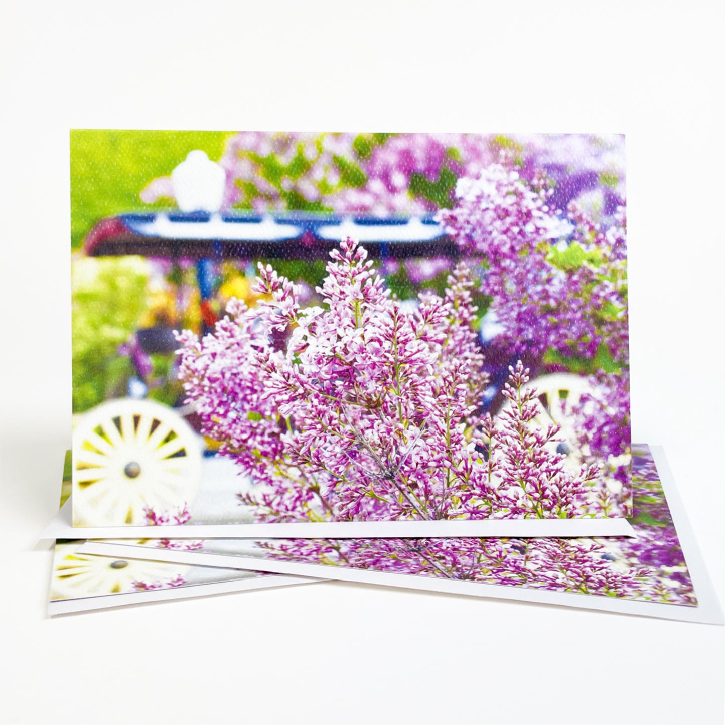 Blank greeting card featuring a photograph of Mackinac Island lilacs and a horse carriage at Marquette Park by local artist Jennifer Wohletz of Mackinac Memories.