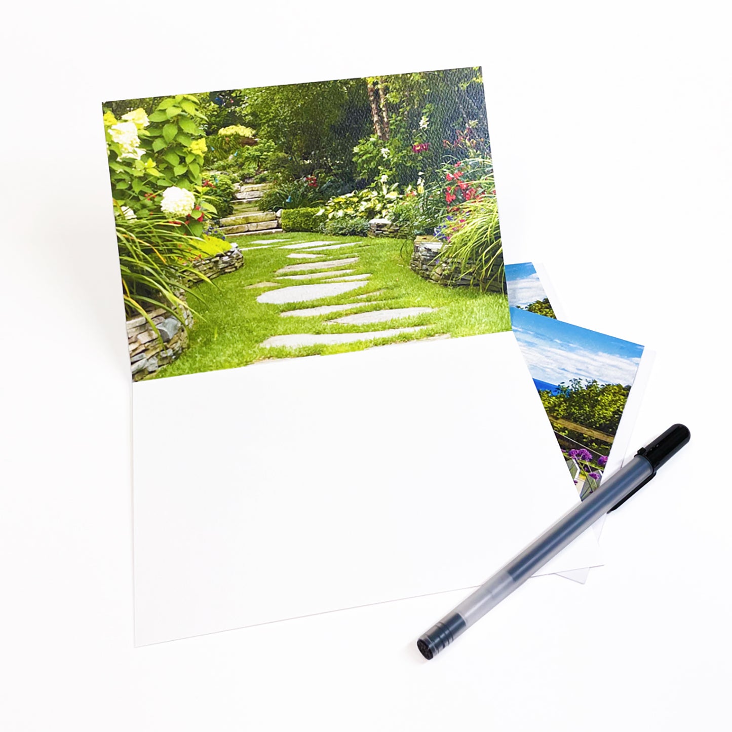 Blank greeting card featuring a photograph of a horse-drawn carriage on the West Bluff of Mackinac Island by local artist Jennifer Wohletz of Mackinac Memories.