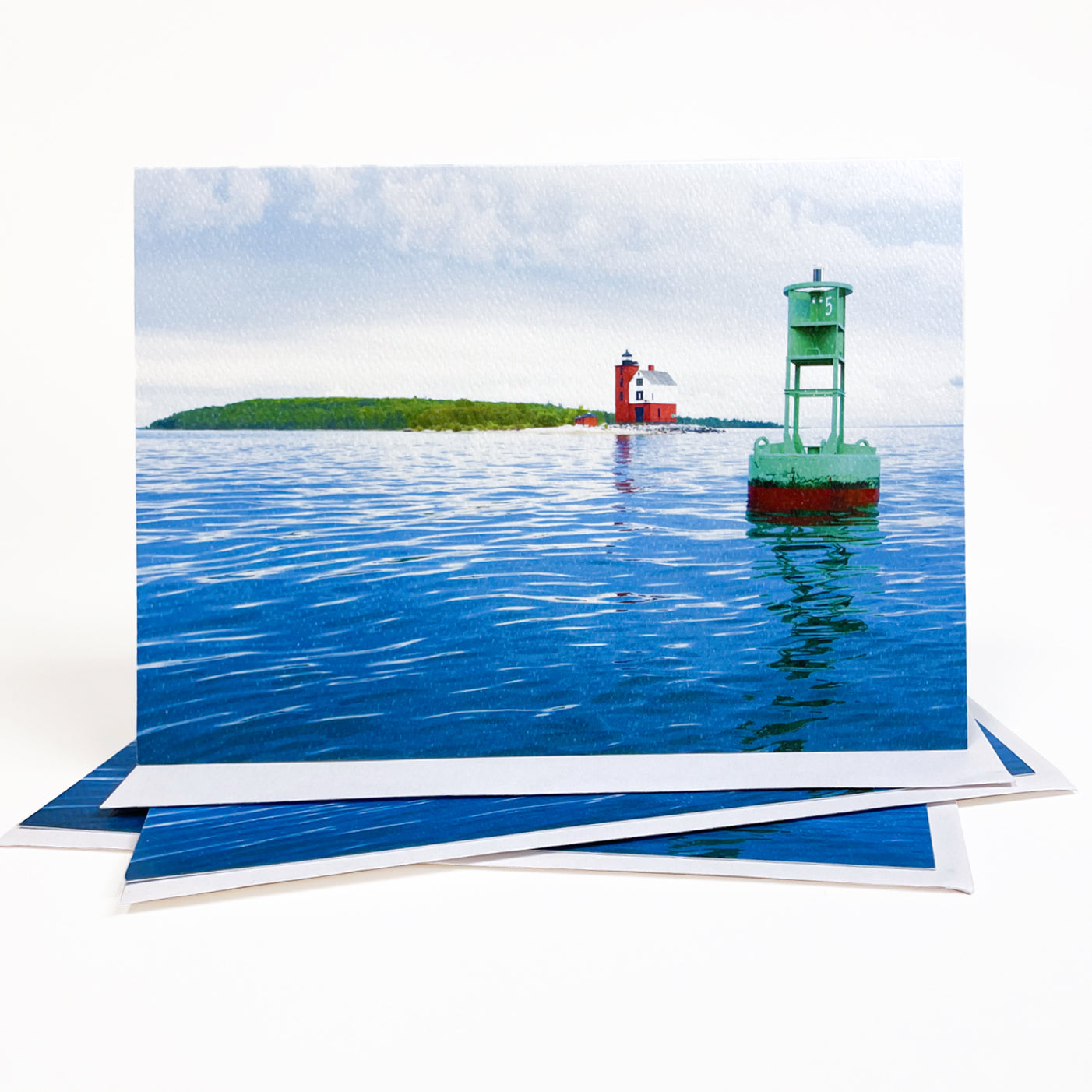 Blank greeting card featuring a photograph of the Round Island Lighthouse near Mackinac Island, Michigan, by local artist Jennifer Wohletz of Mackinac Memories.