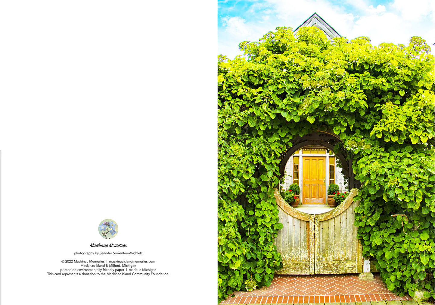 Blank greeting card featuring a photograph of a Mackinac Island cottage gate covered in geranium blooms by Michigan artist Jennifer Wohletz of Mackinac Memories.