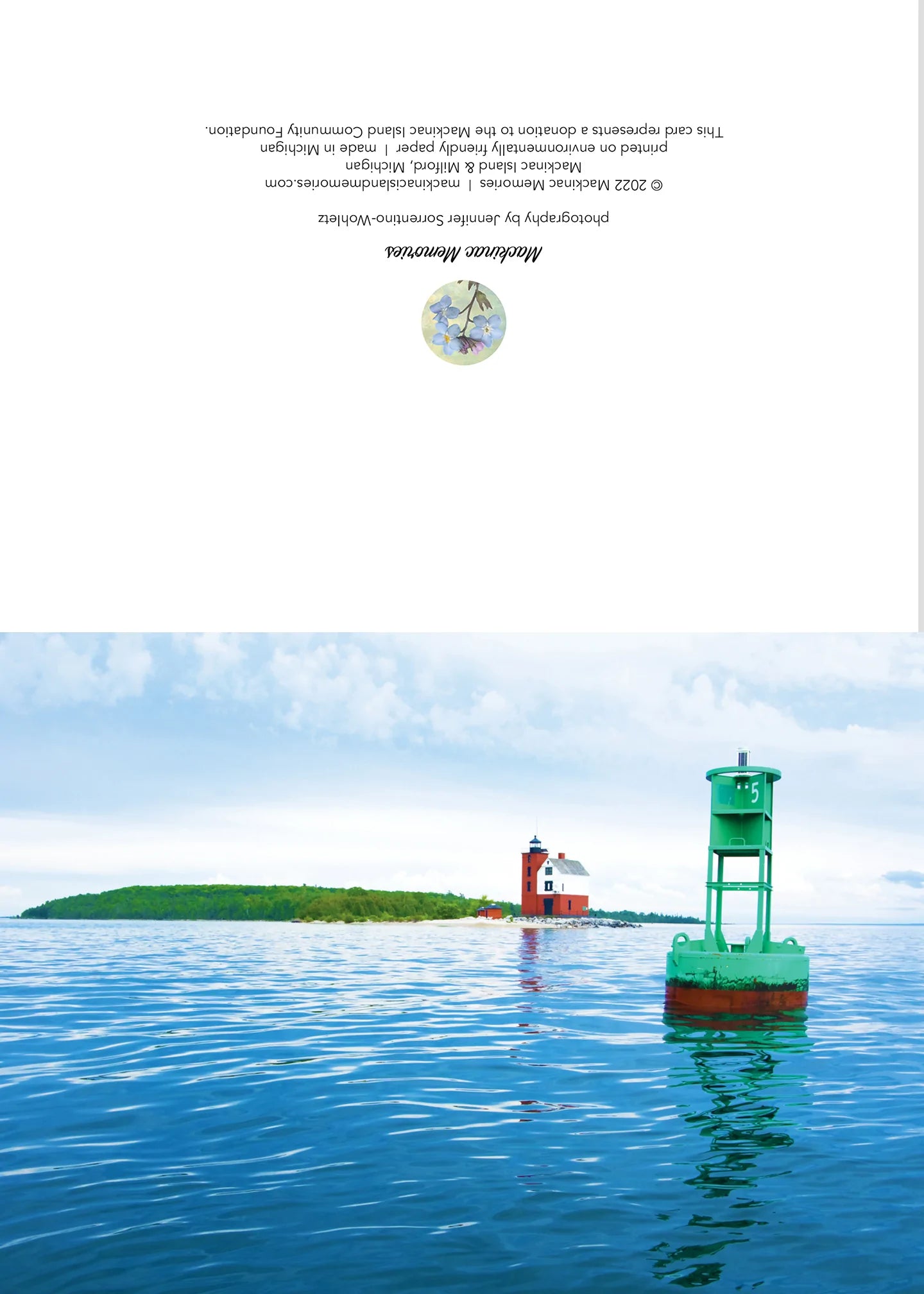 Blank greeting card featuring a photograph of the Round Island Lighthouse near Mackinac Island, Michigan, by local artist Jennifer Wohletz of Mackinac Memories.