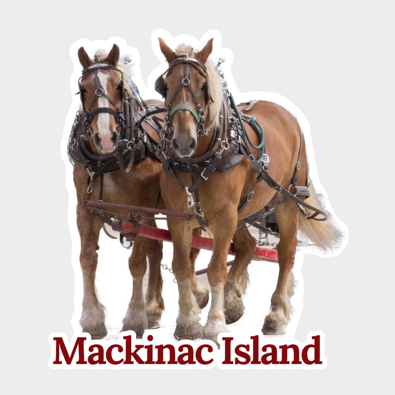 Mackinac Island horses sticker. This die cut vinyl sticker features a photo of a team of dray horses framed in the shape of the map of Mackinac Island. This die cut vinyl sticker features a photo of a team of dray horses on Mackinac Island.