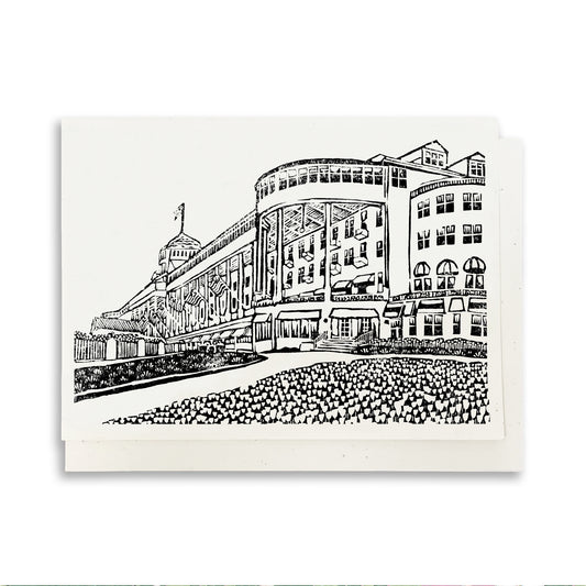 A casually elegant card featuring a digital reproduction of Natalia’s block print design of the Grand Hotel on Mackinac Island, Michigan.