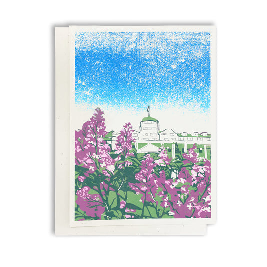 A casually elegant card featuring a digital reproduction of Natalia’s block print design featuring lilacs blooming in the gardens of Grand Hotel on Mackinac Island, Michigan.