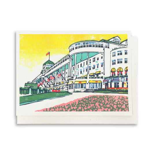 A casually elegant card featuring a digital reproduction of Natalia’s block print design featuring tulips blooming in the gardens of Grand Hotel on Mackinac Island, Michigan.