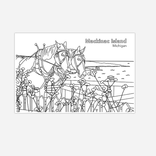 Mackinac Island Garden & Horses Coloring Postcard