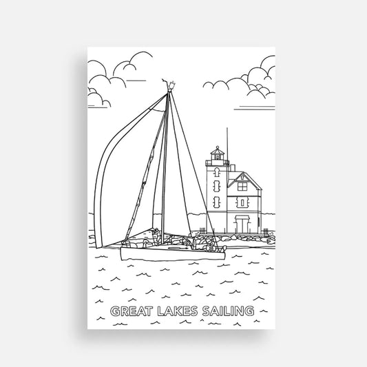 Mackinac Island postcard featuring a line drawing of a sailboat and Round Island Lighthouse with 'Great Lakes Sailing' text on a white background.  Perfect for coloring.
