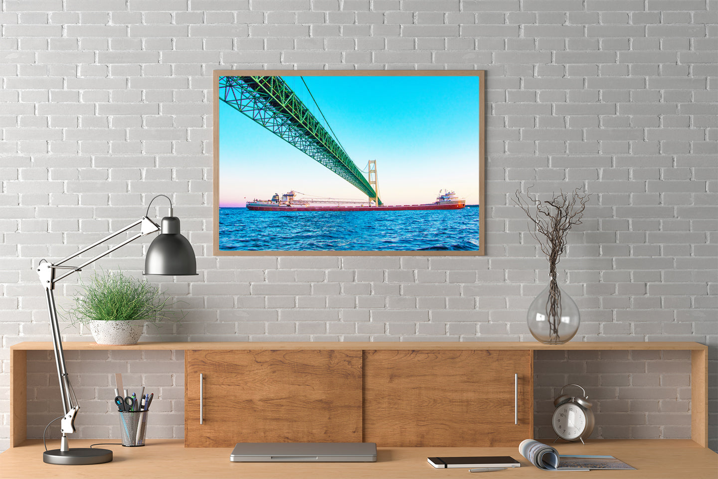 Freighter and Mackinac Bridge wall art for your home or office by Jennifer Wohletz of Mackinac Memories.