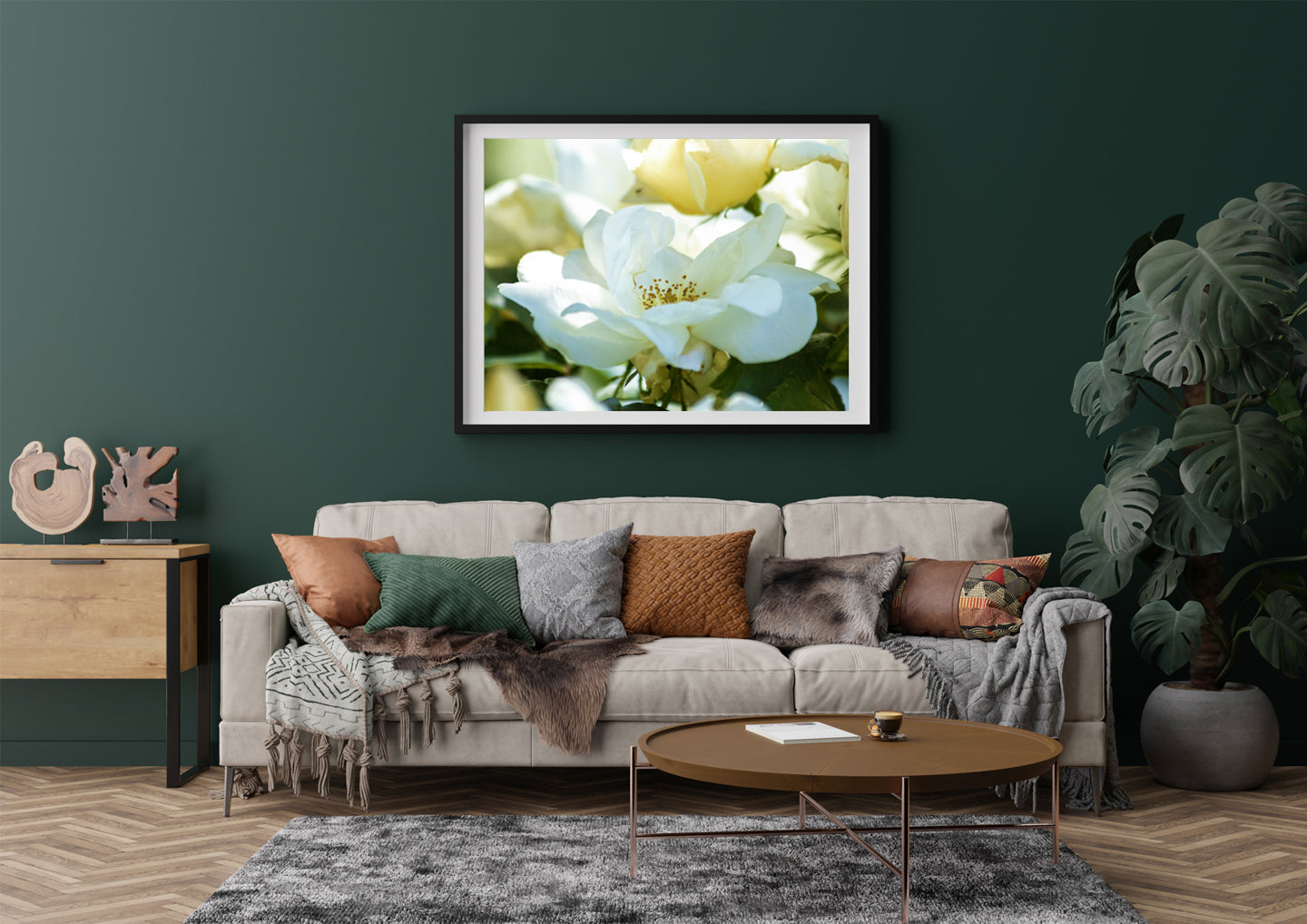 Decorate your home with Mackinac Island floral wall art.  Photographs by island resident Jennifer Wohletz of Mackinac Memories offer a unique perspective of flowers blooming in island gardens.  The fragrant petals of this white rose blooming in a Mackinac Island cottage garden symbolize love and new beginnings.