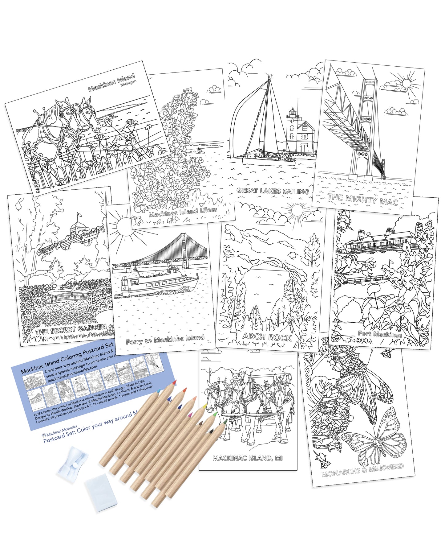 Mackinac Island postcards featuring line drawings that are perfect for coloring.