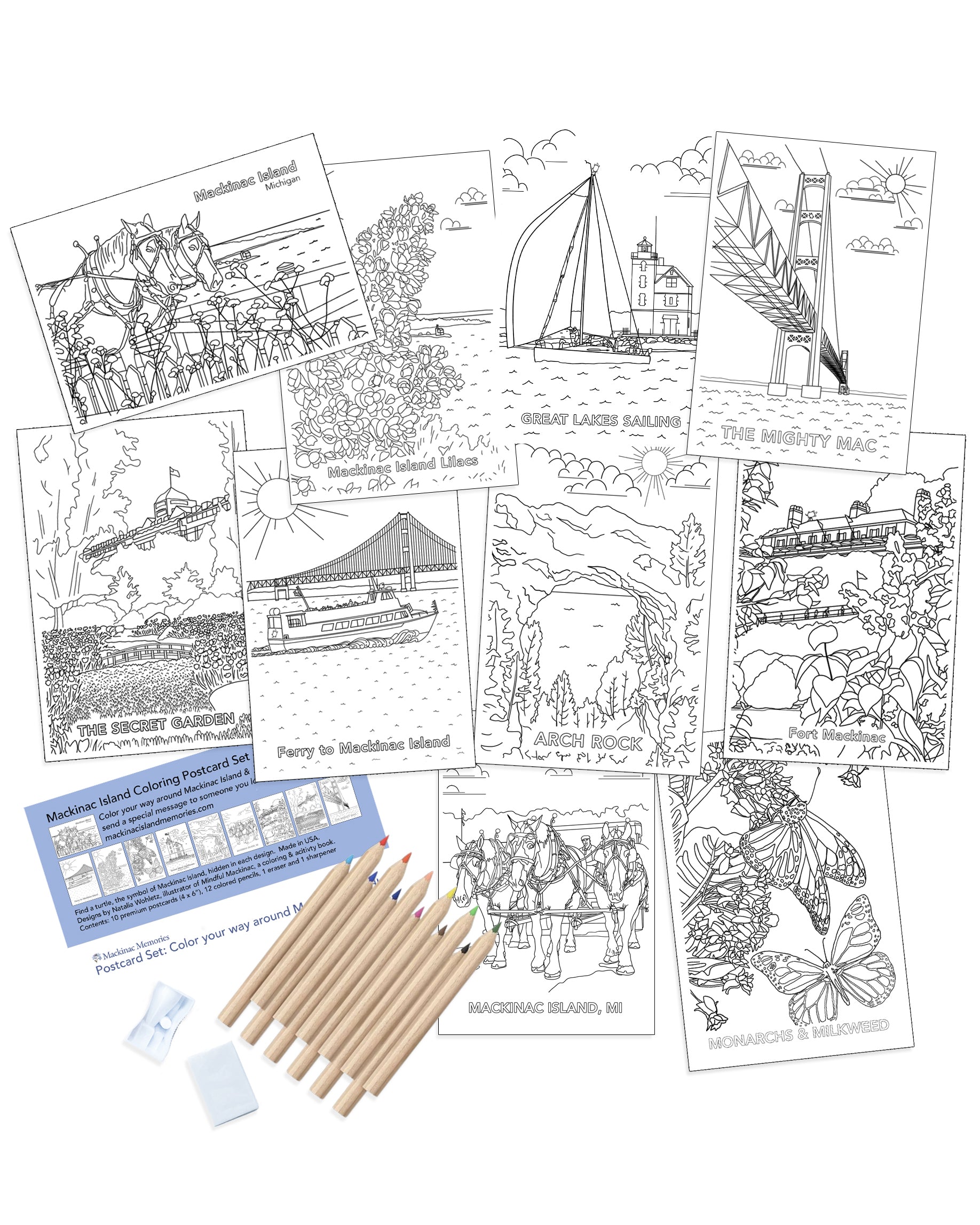 Mackinac Island postcards featuring line drawings that are perfect for coloring.