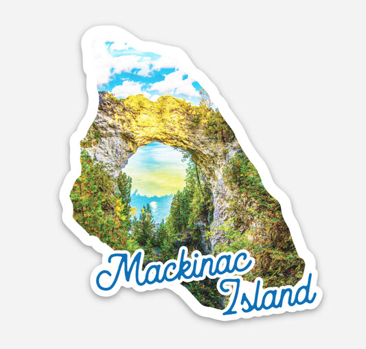 This die cut vinyl sticker features a photo of Mackinac's iconic Arch Rock framed in the shape of the map of the island. 