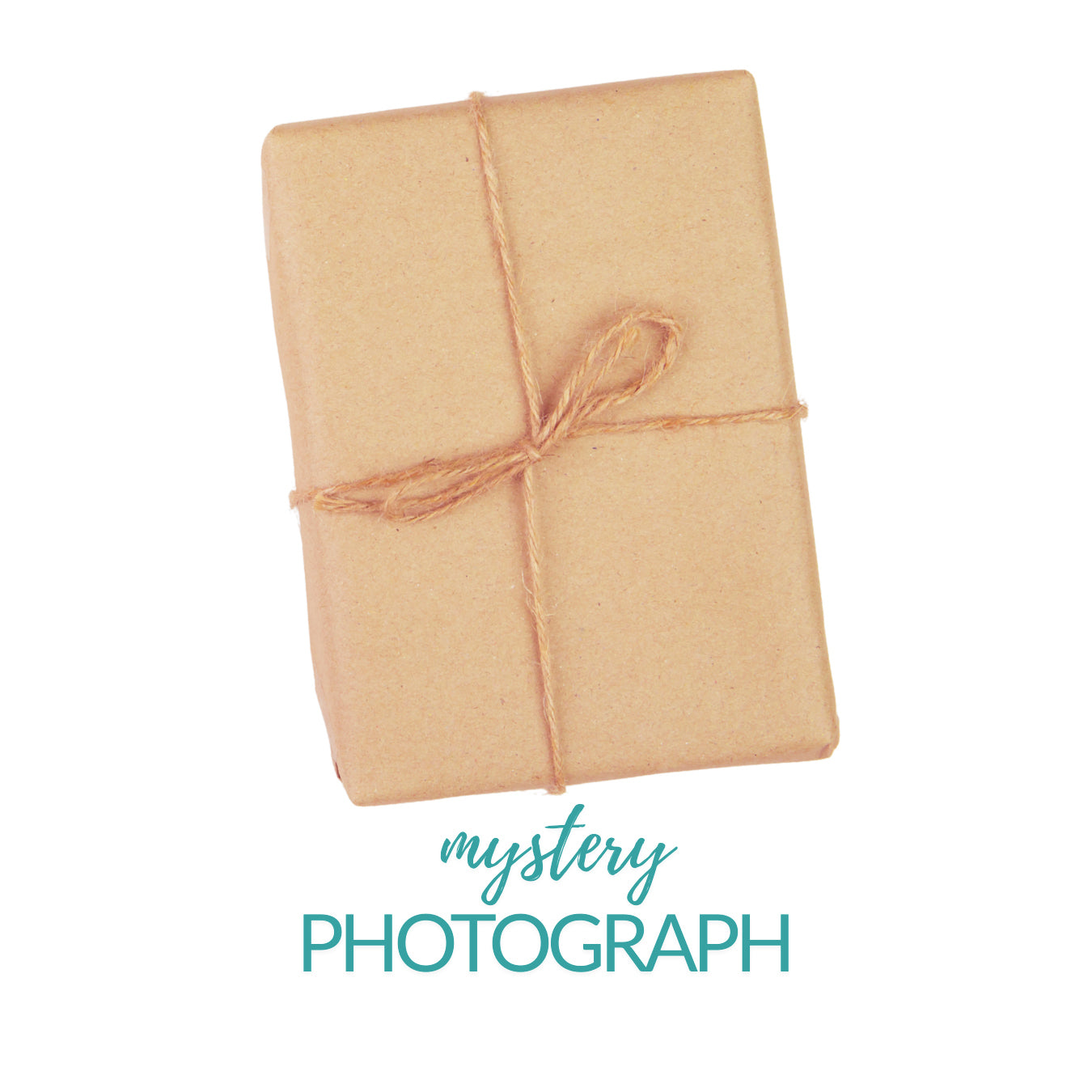 Beige wrapped package with twine on a white background, labeled 'mystery photograph'.