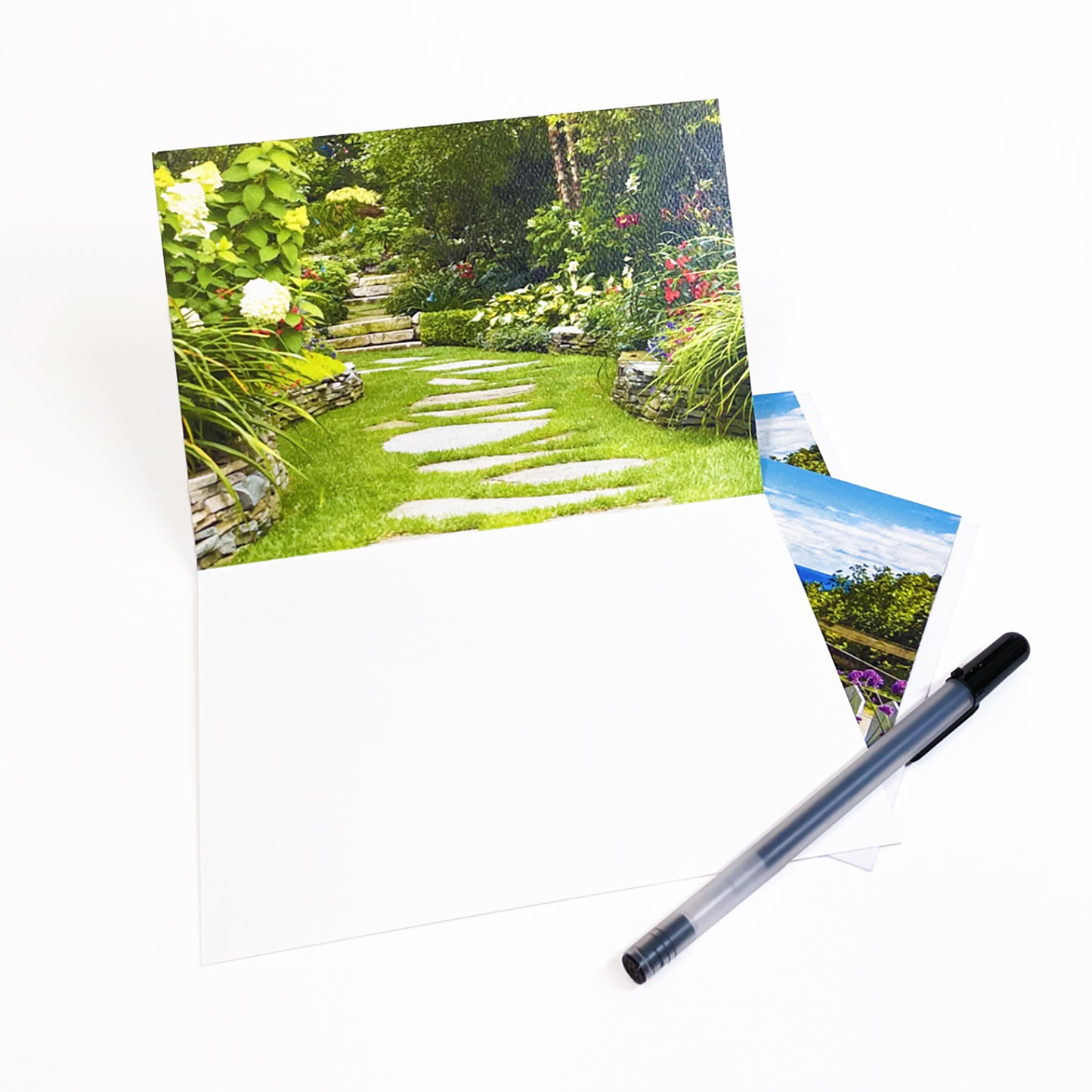 Blank greeting card featuring a photograph of a horse-drawn carriage on the West Bluff of Mackinac Island by local artist Jennifer Wohletz of Mackinac Memories. 