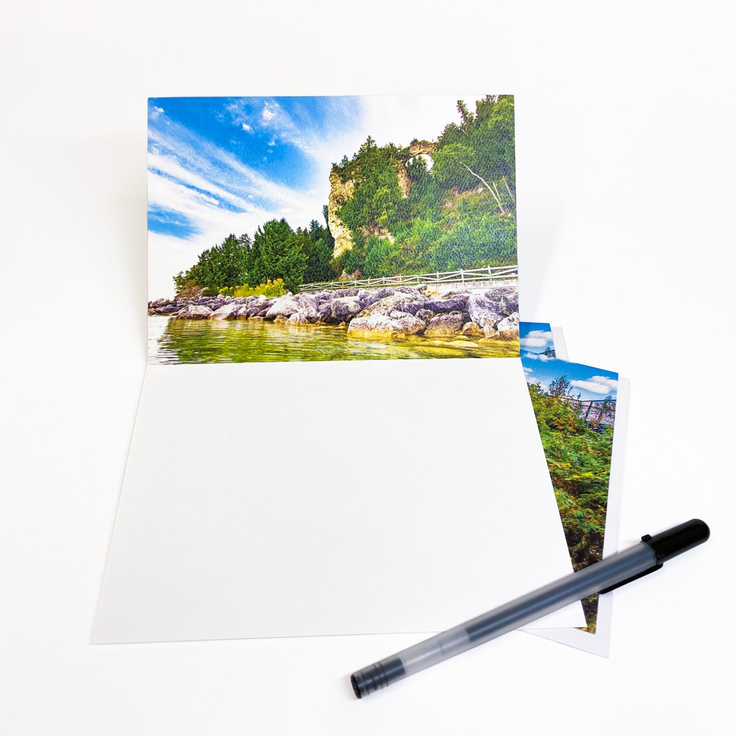 Blank greeting card featuring a photograph of Mackinac Island's iconic Arch Rock by local artist Jennifer Wohletz of Mackinac Memories. 