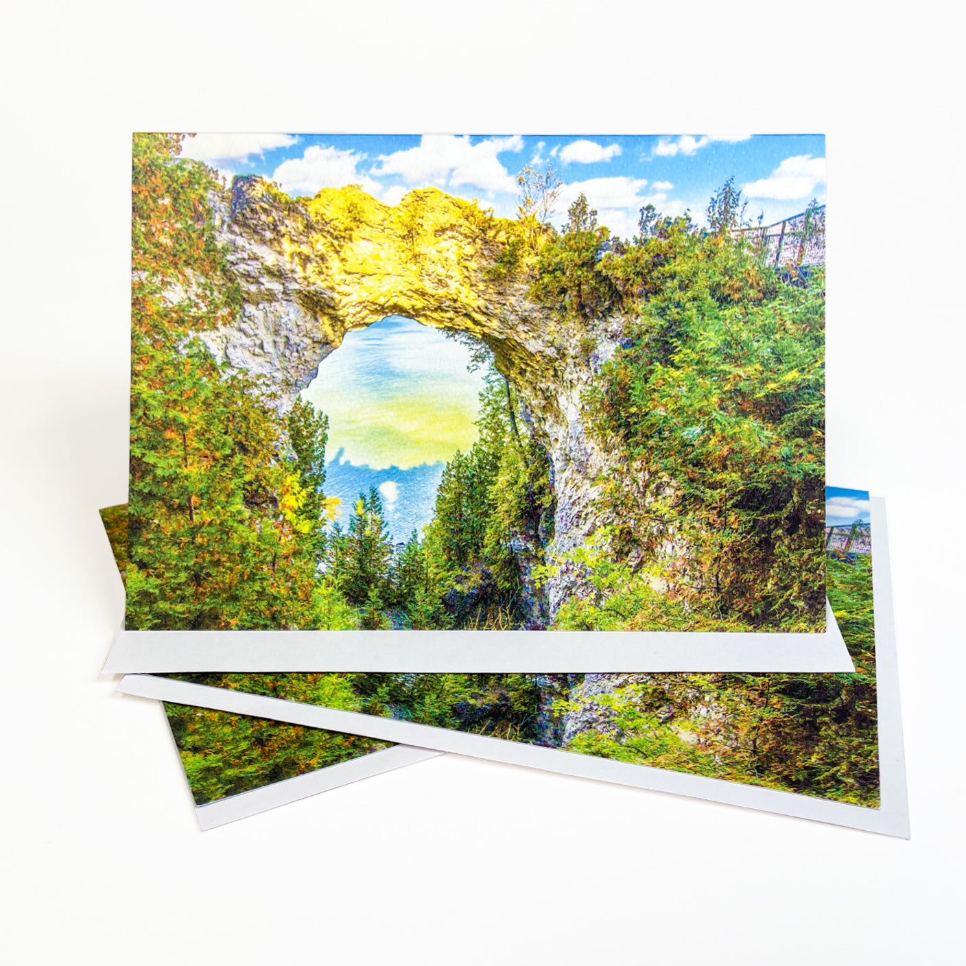 Blank greeting card featuring a photograph of Mackinac Island's iconic Arch Rock by local artist Jennifer Wohletz of Mackinac Memories. 