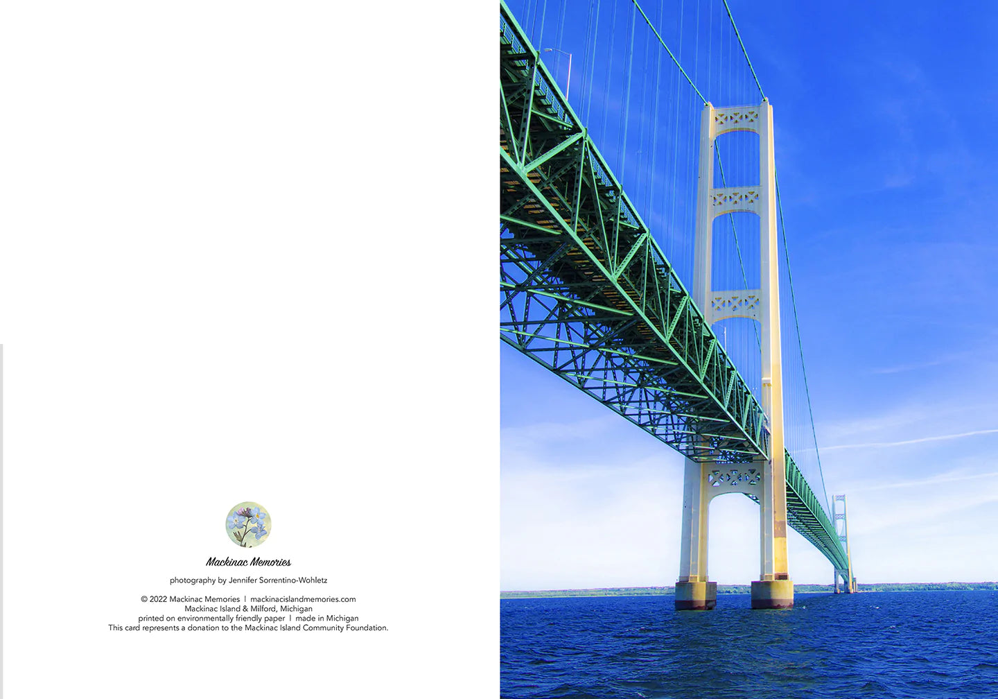 Blank greeting card featuring a photograph of the Mackinac Bridge by Michigan artist Jennifer Wohletz of Mackinac Memories.  