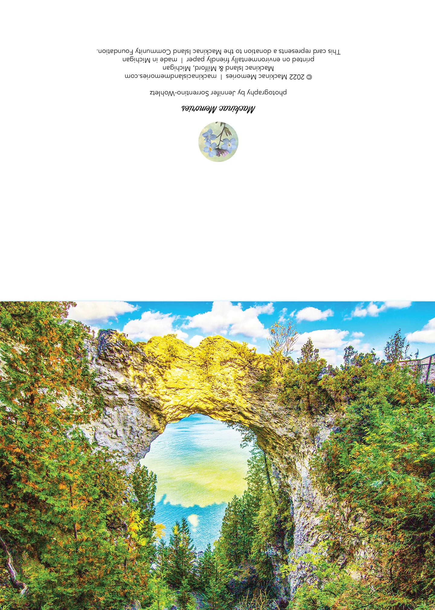Arch Rock's Shadow. Blank greeting card featuring a Mackinac Island photograph by local artist Jennifer Wohletz of Mackinac Memories.  Open the card to discover another photo inside! 
